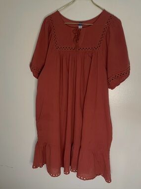 Old Navy Rust Midi Eyelet Peasant Dress Prairie Ruffle With Lining Comfy Size XL